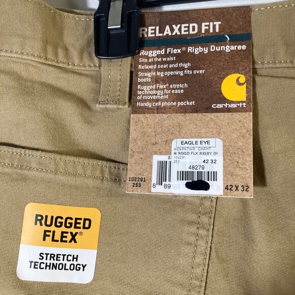 Mens‎ Carhartt Rugged Flex Rigby Dungaree Canvas Pants Dark Khaki 42 x 32 - Picture 4 of 6
